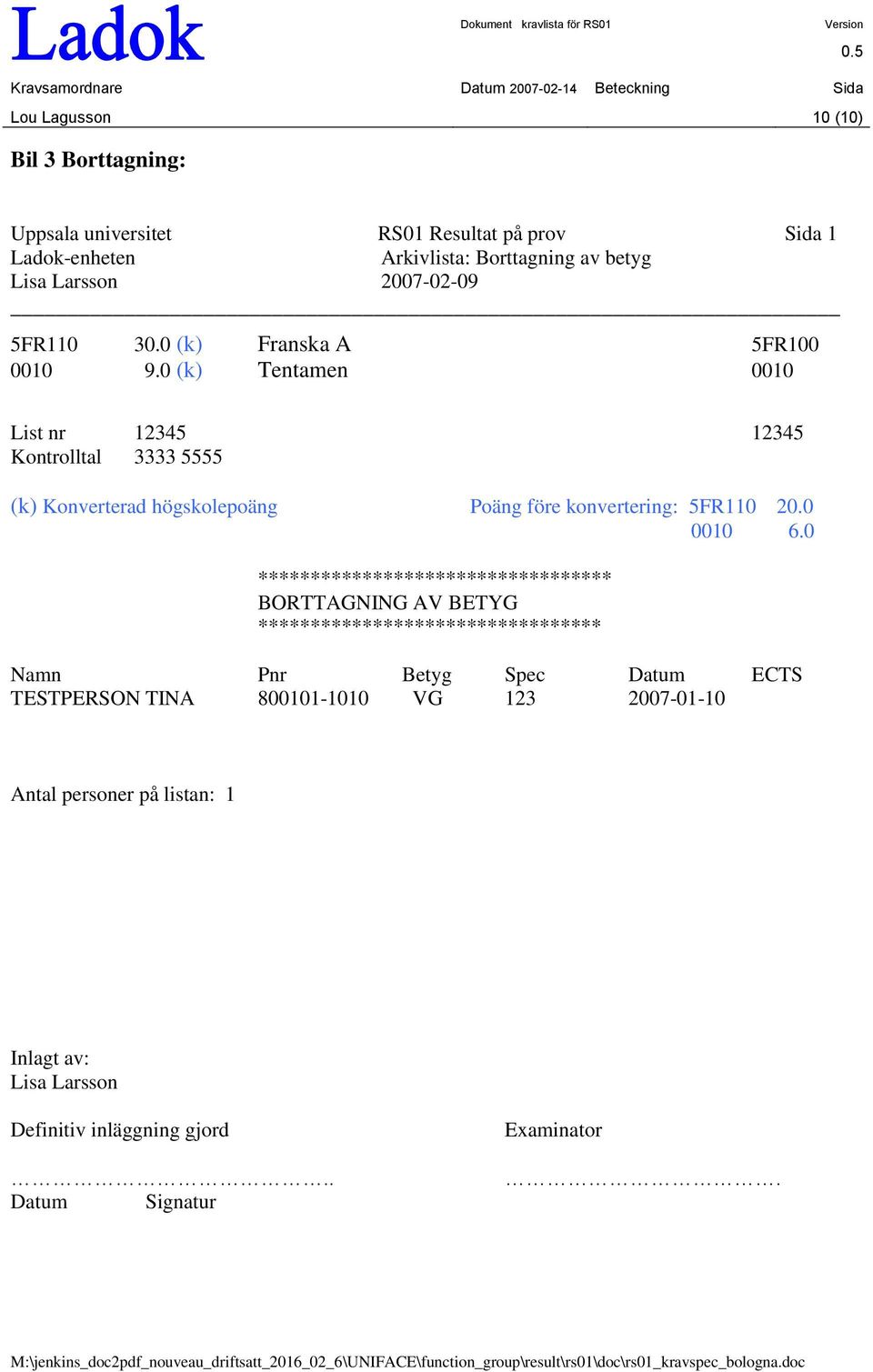 0 (k) Tentamen 0010 List nr 12345 12345 Kontrolltal 3333 5555 (k) Konverterad högskolepoäng Poäng före konvertering: 5FR110 20.0 0010 6.
