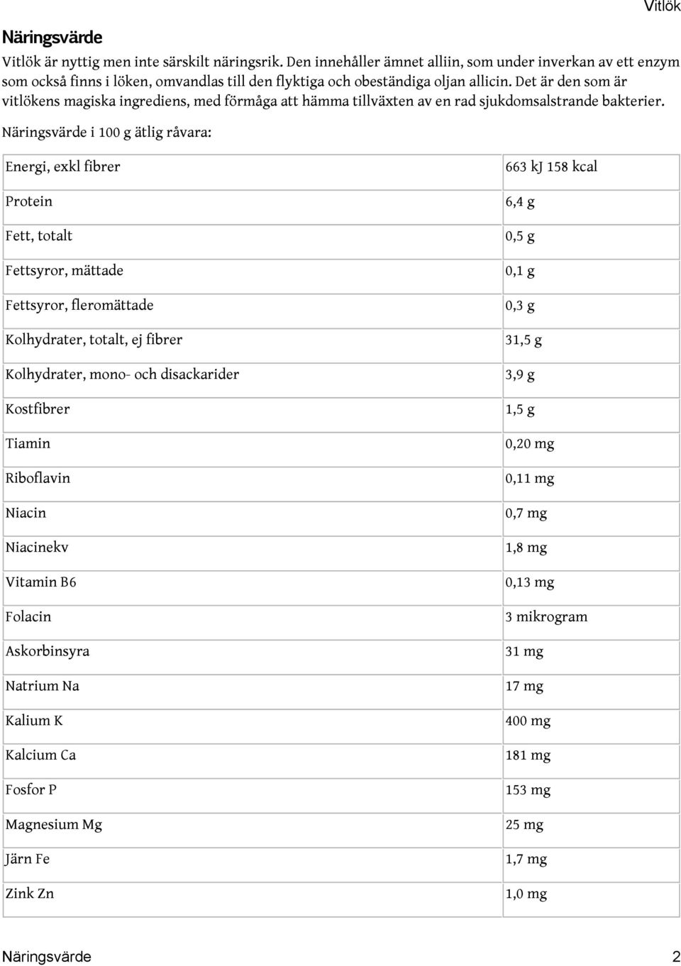 Näringsvärde i 100 g ätlig råvara: Energi, exkl fibrer Protein Fett, totalt Fettsyror, mättade Fettsyror, fleromättade Kolhydrater, totalt, ej fibrer Kolhydrater, mono- och disackarider Kostfibrer