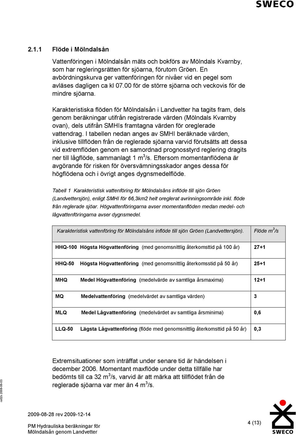 Karakteristiska flöden för Mölndalsån i Landvetter ha tagits fram, dels genom beräkningar utifrån registrerade värden (Mölndals Kvarnby ovan), dels utifrån SMHIs framtagna värden för oreglerade