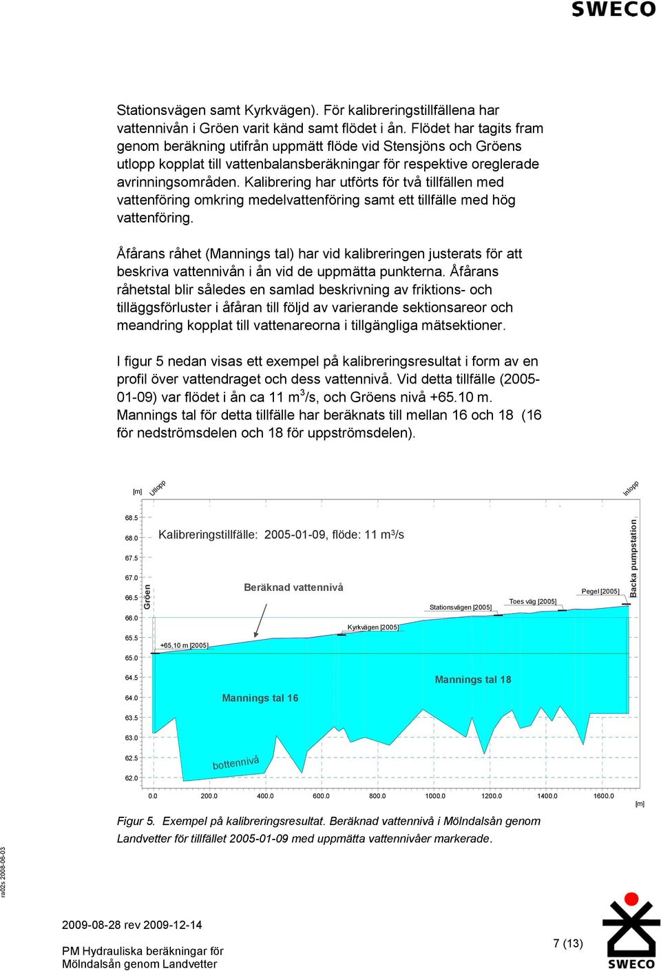 Kalibrering har utförts för två tillfällen med vattenföring omkring medelvattenföring samt ett tillfälle med hög vattenföring.