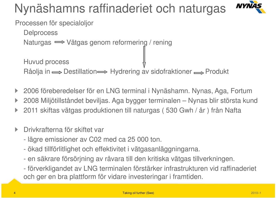 Aga bygger terminalen Nynas blir största kund 2011 skiftas vätgas produktionen till naturgas ( 530 Gwh / år ) från Nafta Drivkrafterna för skiftet var - lägre emissioner av C02 med ca 25 000 ton.
