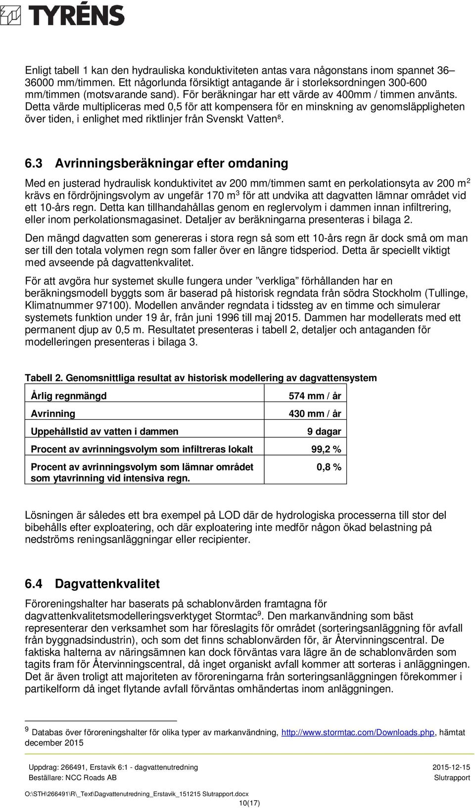 Detta värde multipliceras med 0,5 för att kompensera för en minskning av genomsläppligheten över tiden, i enlighet med riktlinjer från Svenskt Vatten 8. 6.