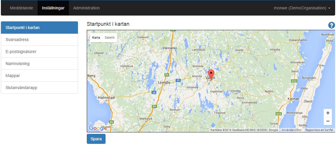 4 a. Inställningar: Startpunkt i kartan och svarsadress Startpunkt i kartan.