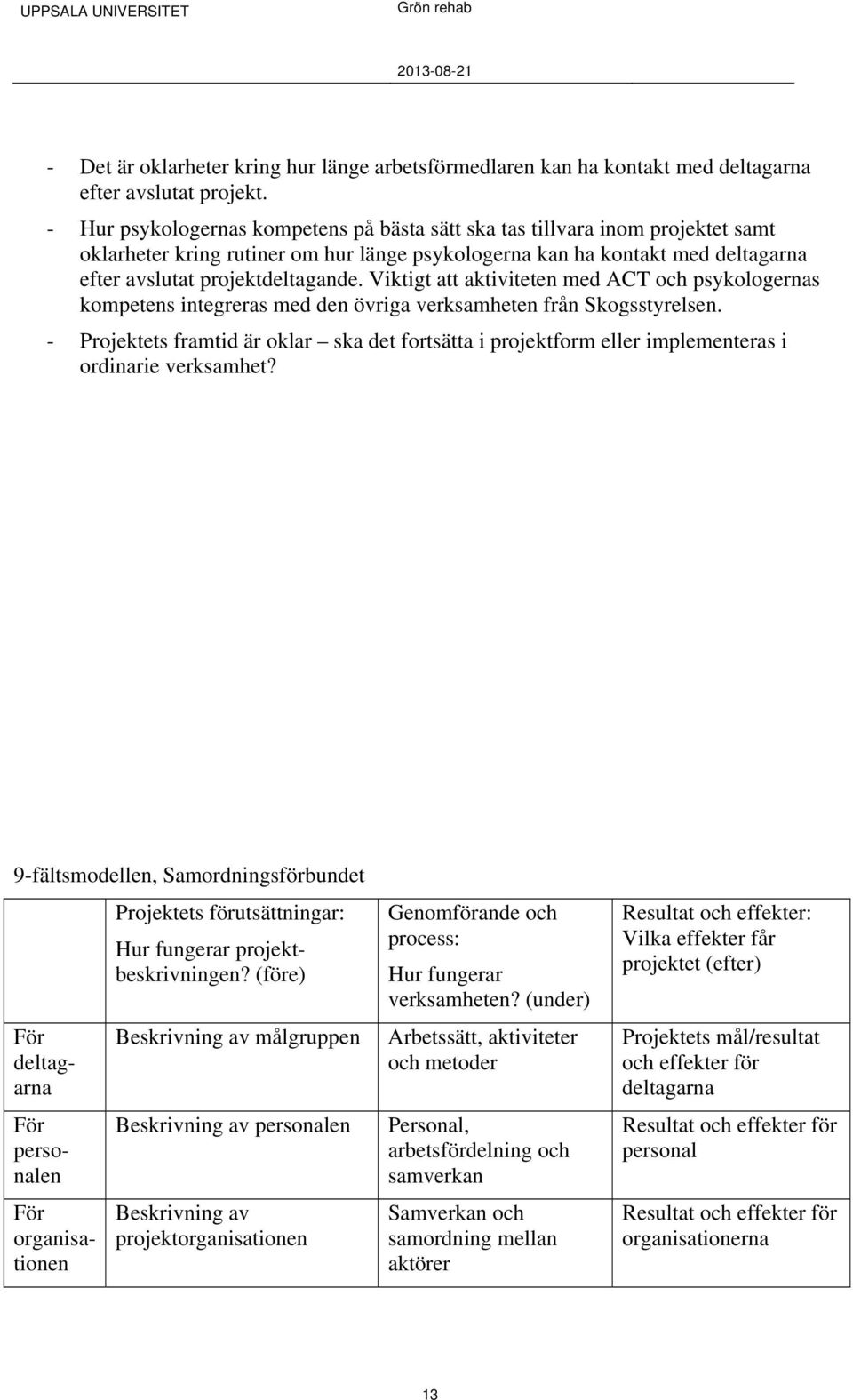 Viktigt att aktiviteten med ACT och psykologernas kompetens integreras med den övriga verksamheten från Skogsstyrelsen.
