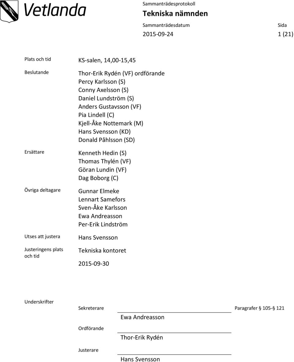 Påhlsson (SD) Kenneth Hedin (S) Thomas Thylén (VF) Göran Lundin (VF) Dag Boborg (C) Gunnar Elmeke Lennart Samefors Sven-Åke Karlsson Ewa Andreasson Per-Erik