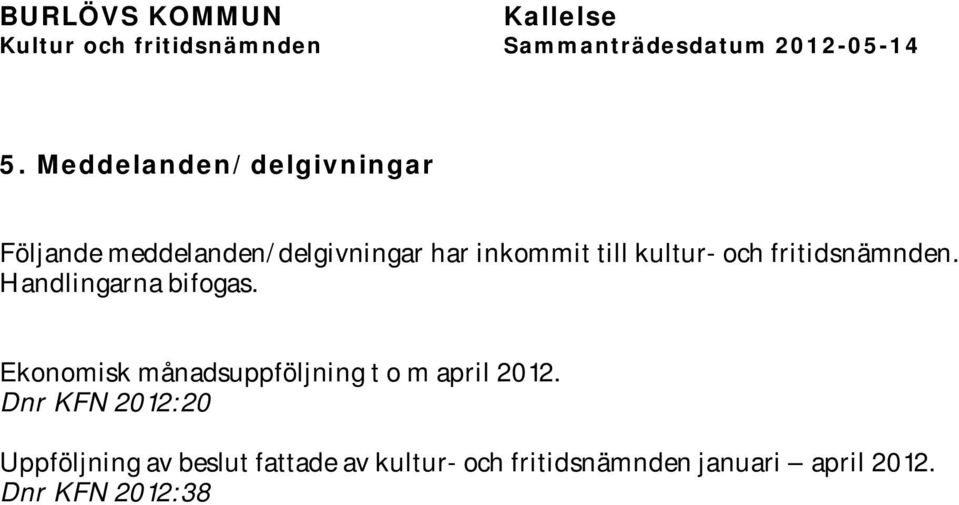 Ekonomisk månadsuppföljning t o m april 2012.