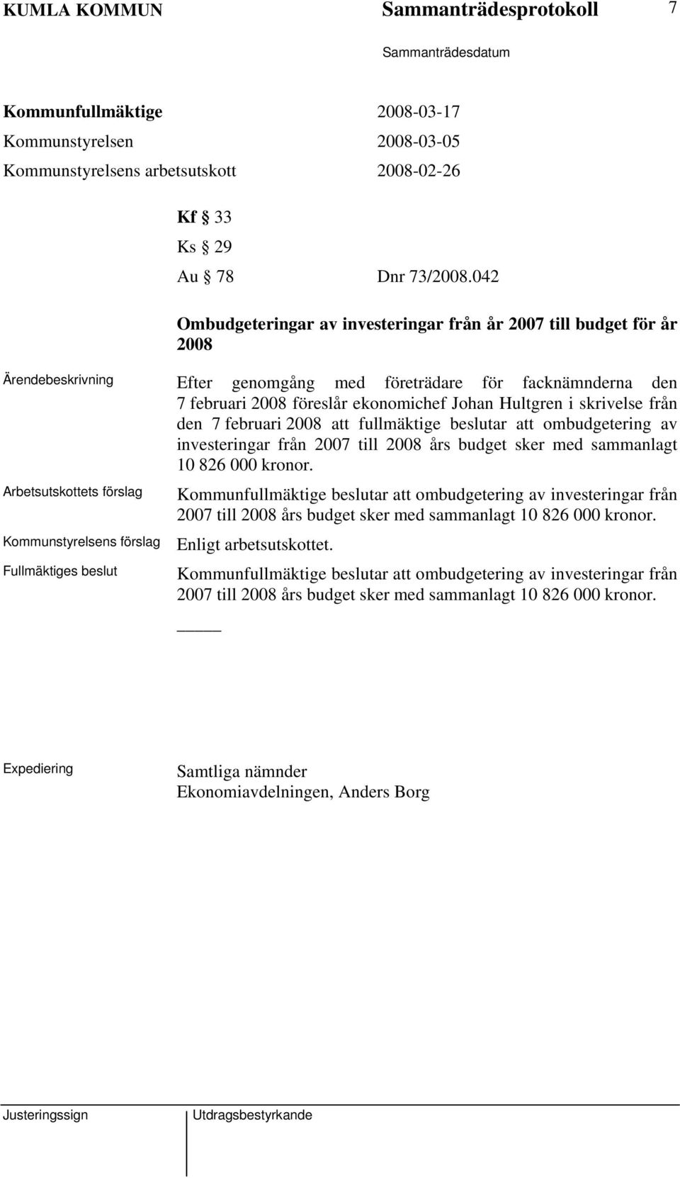 skrivelse från den 7 februari 2008 att fullmäktige beslutar att ombudgetering av investeringar från 2007 till 2008 års budget sker med sammanlagt 10 826 000 kronor.