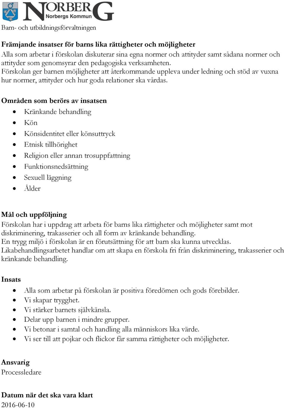 Områden som berörs av insatsen Kränkande behandling Kön Könsidentitet eller könsuttryck Etnisk tillhörighet Religion eller annan trosuppfattning Funktionsnedsättning Sexuell läggning Ålder Mål och