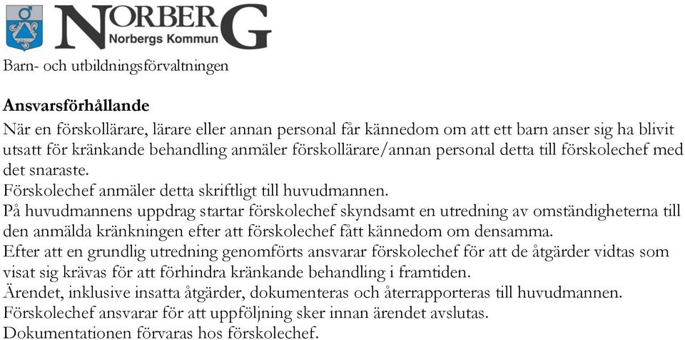 På huvudmannens uppdrag startar förskolechef skyndsamt en utredning av omständigheterna till den anmälda kränkningen efter att förskolechef fått kännedom om densamma.
