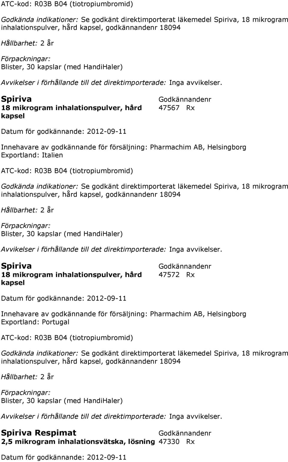 HandiHaler) Spiriva 18 mikrogram inhalationspulver, hård 47572 Rx kapsel Datum för godkännande: 2012-09-11 Innehavare av godkännande för försäljning: Pharmachim AB, Helsingborg Exportland: Portugal 
