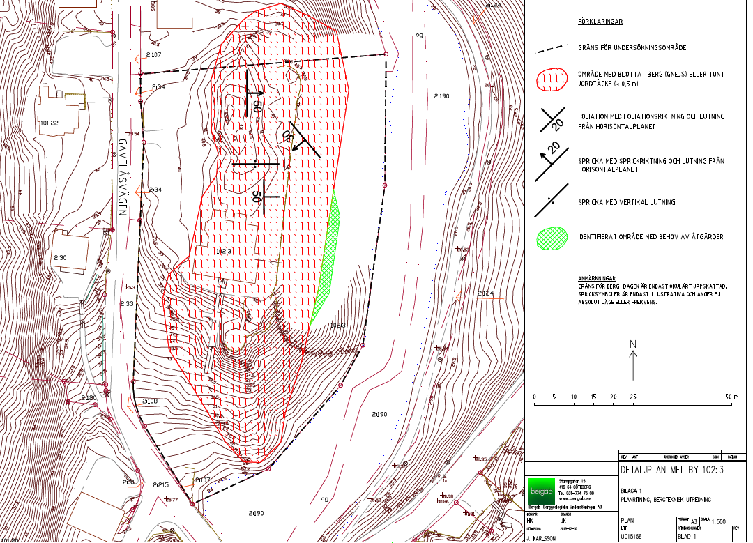 Figur 3 Översikt över område med blottat berg eller tunt jordtäcke (röd markering) och befintlig konstruktion med åtgärd (grön markering).(bilaga 1 Bergteknisk utredning).