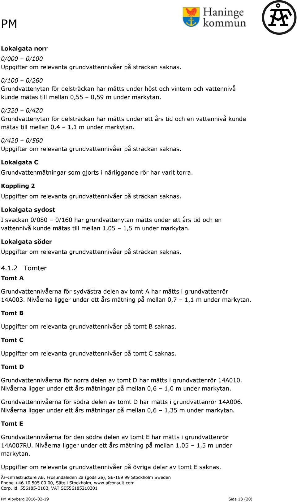 0/320 0/420 Grundvattenytan för delsträckan har mätts under ett års tid och en vattennivå kunde mätas till mellan 0,4 1,1 m under markytan.
