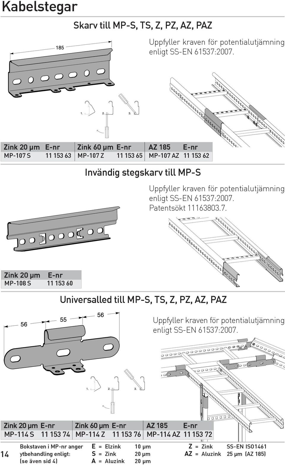 61537:2007. Patentsökt 11163803.7. Zink 20 µm E-nr MP-108S1115360 UniversalledtillMP-S,TS,Z,PZ,AZ,PAZ Uppfyller kraven för potentialutjämning enligt SS-EN 61537:2007.