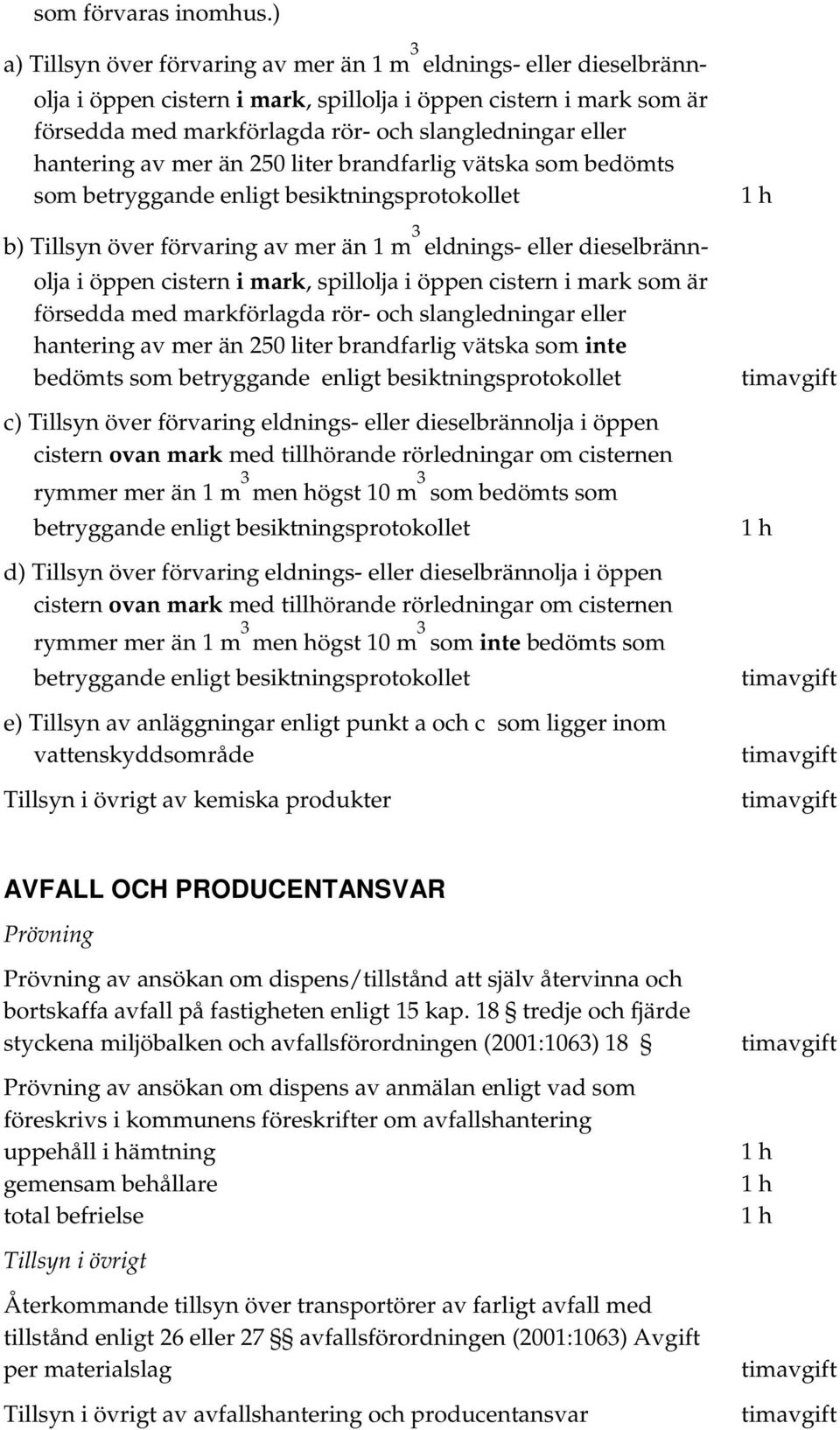 av mer än 250 liter brandfarlig vätska som bedömts som betryggande enligt besiktningsprotokollet b) över förvaring av mer än 1 m 3 eldnings- eller dieselbränn- olja i öppen cistern i mark, spillolja