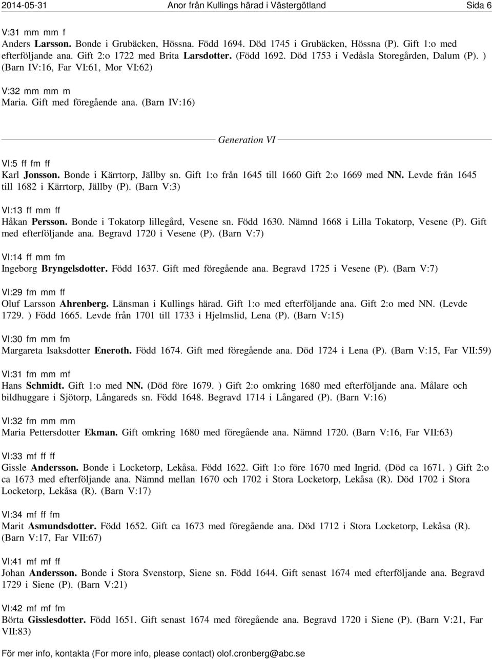 (Barn IV:16) Generation VI VI:5 ff fm ff Karl Jonsson. Bonde i Kärrtorp, Jällby sn. Gift 1:o från 1645 till 1660 Gift 2:o 1669 med NN. Levde från 1645 till 1682 i Kärrtorp, Jällby (P).