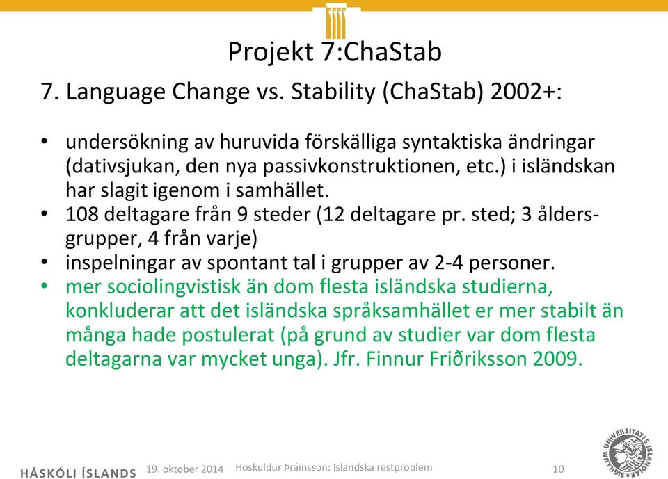 ) i isländskan har slagit igenom i samhället. 108 deltagare från 9 steder (12 deltagare pr.