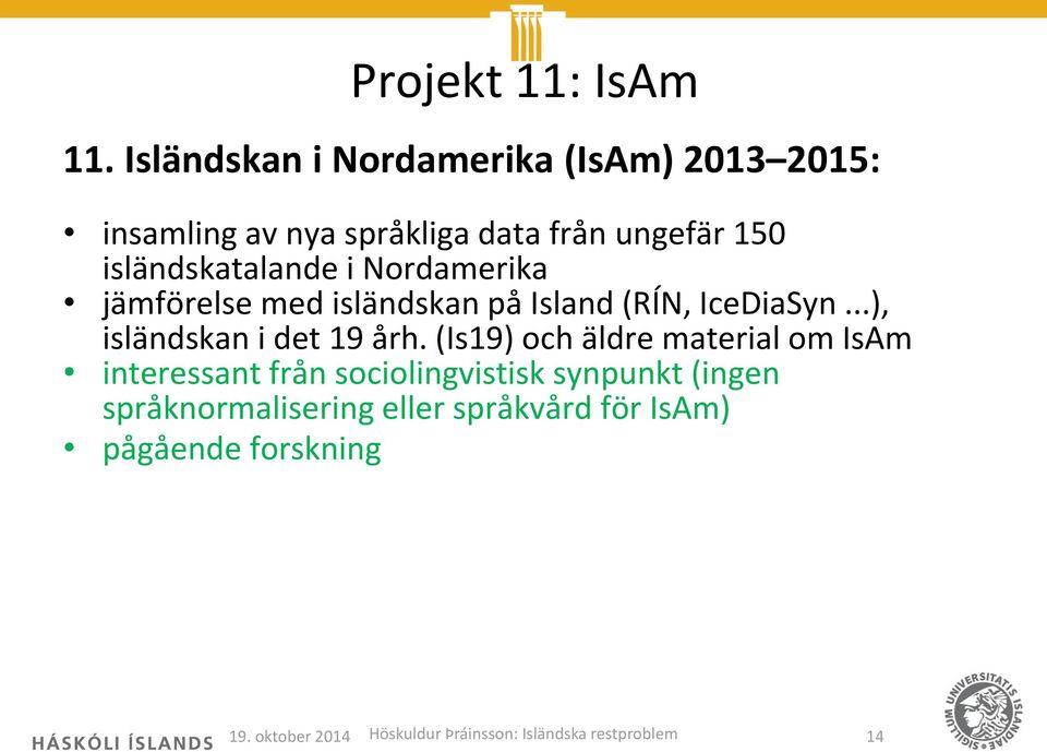 i Nordamerika jämförelse med isländskan på Island (RÍN, IceDiaSyn...), isländskan i det 19 årh.