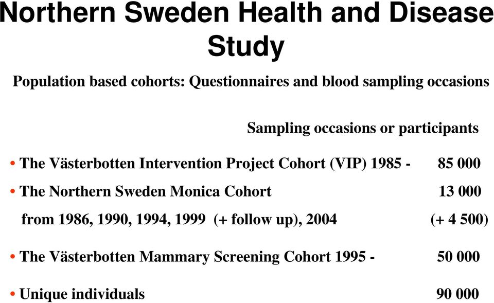 Cohort (VIP) 1985-85 000 The Northern Sweden Monica Cohort 13 000 from 1986, 1990, 1994, 1999 (+