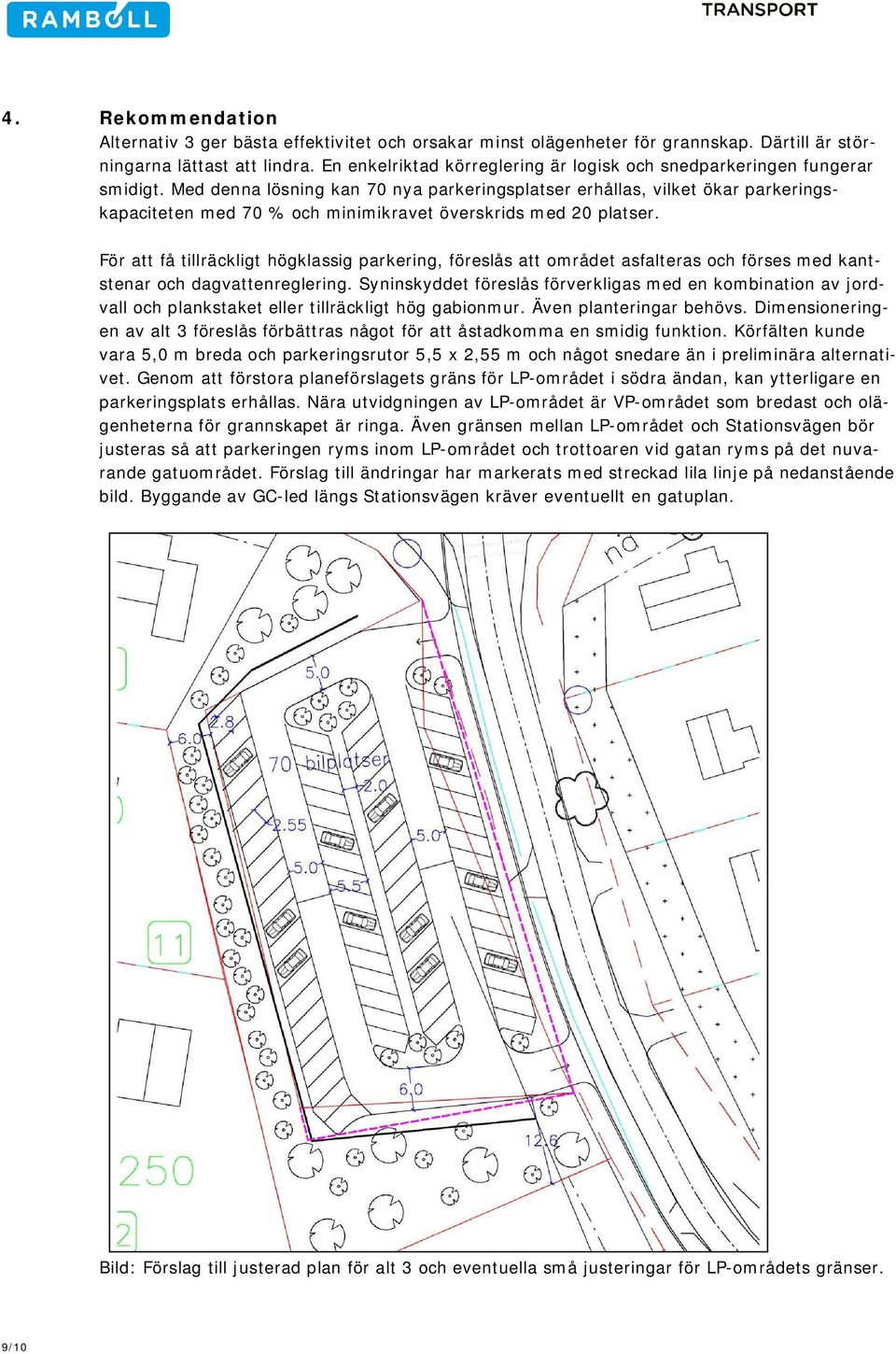 Med denna lösning kan 70 nya parkeringsplatser erhållas, vilket ökar parkeringskapaciteten med 70 % och minimikravet överskrids med 20 platser.