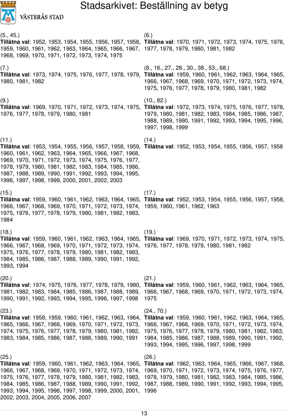 ) Tillåtna val: 1953, 1954, 1955, 1956, 1957, 1958, 1959, 1960, 1961, 1962, 1963, 1964, 1965, 1966, 1967, 1968, 1969, 1970, 1971, 1972, 1973, 1974, 1975, 1976, 1977, 1978, 1979, 1980, 1981, 1982,