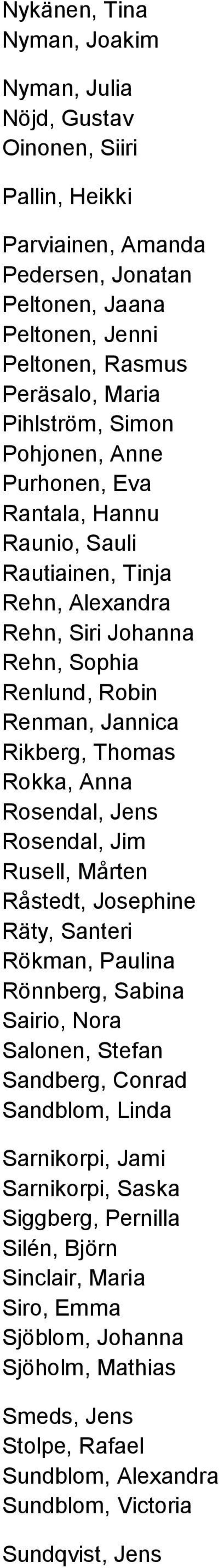 Rokka, Anna Rosendal, Jens Rosendal, Jim Rusell, Mårten Råstedt, Josephine Räty, Santeri Rökman, Paulina Rönnberg, Sabina Sairio, Nora Salonen, Stefan Sandberg, Conrad Sandblom, Linda