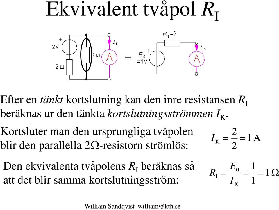 Kortsluter man den ursprungliga tvåpolen blir den parallella 2Ω-resistorn