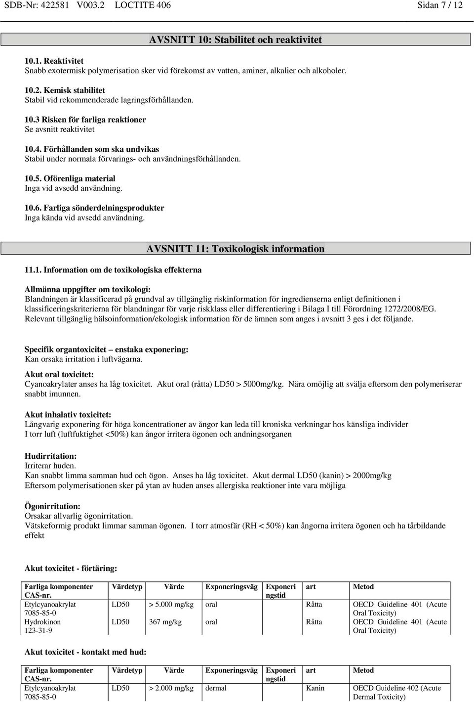 Förhållanden som ska undvikas Stabil under normala förvarings- och användningsförhållanden. 10.5. Oförenliga material Inga vid avsedd användning. 10.6.