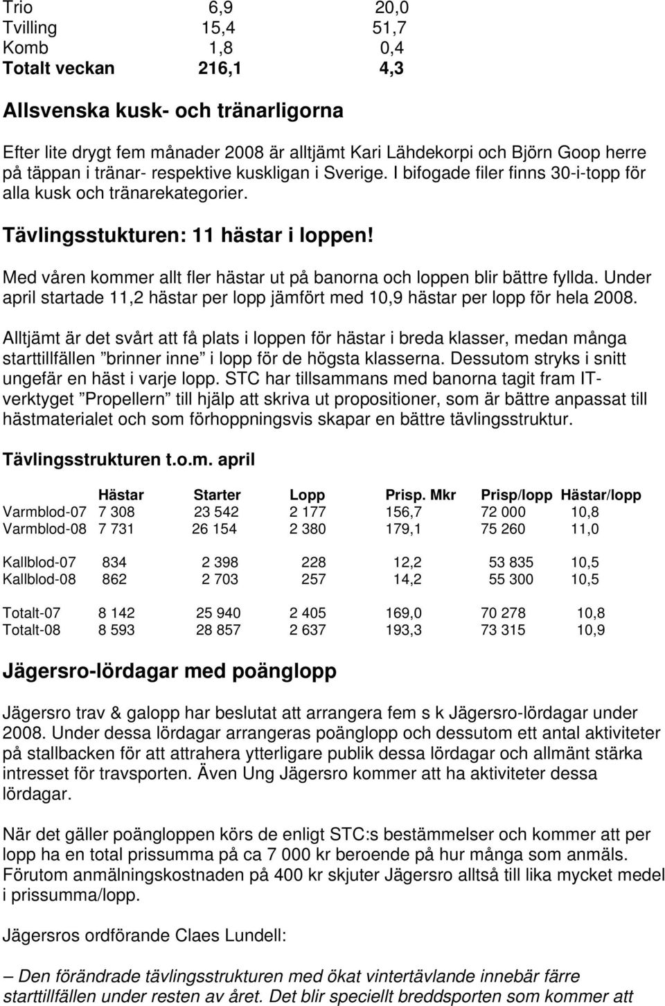 Med våren kommer allt fler hästar ut på banorna och loppen blir bättre fyllda. Under april startade 11,2 hästar per lopp jämfört med 10,9 hästar per lopp för hela 2008.