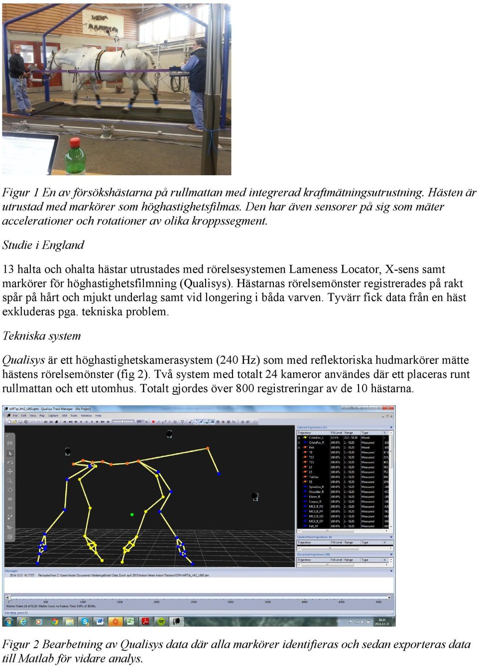 Studie i England 13 halta och ohalta hästar utrustades med rörelsesystemen Lameness Locator, X-sens samt markörer för höghastighetsfilmning (Qualisys).