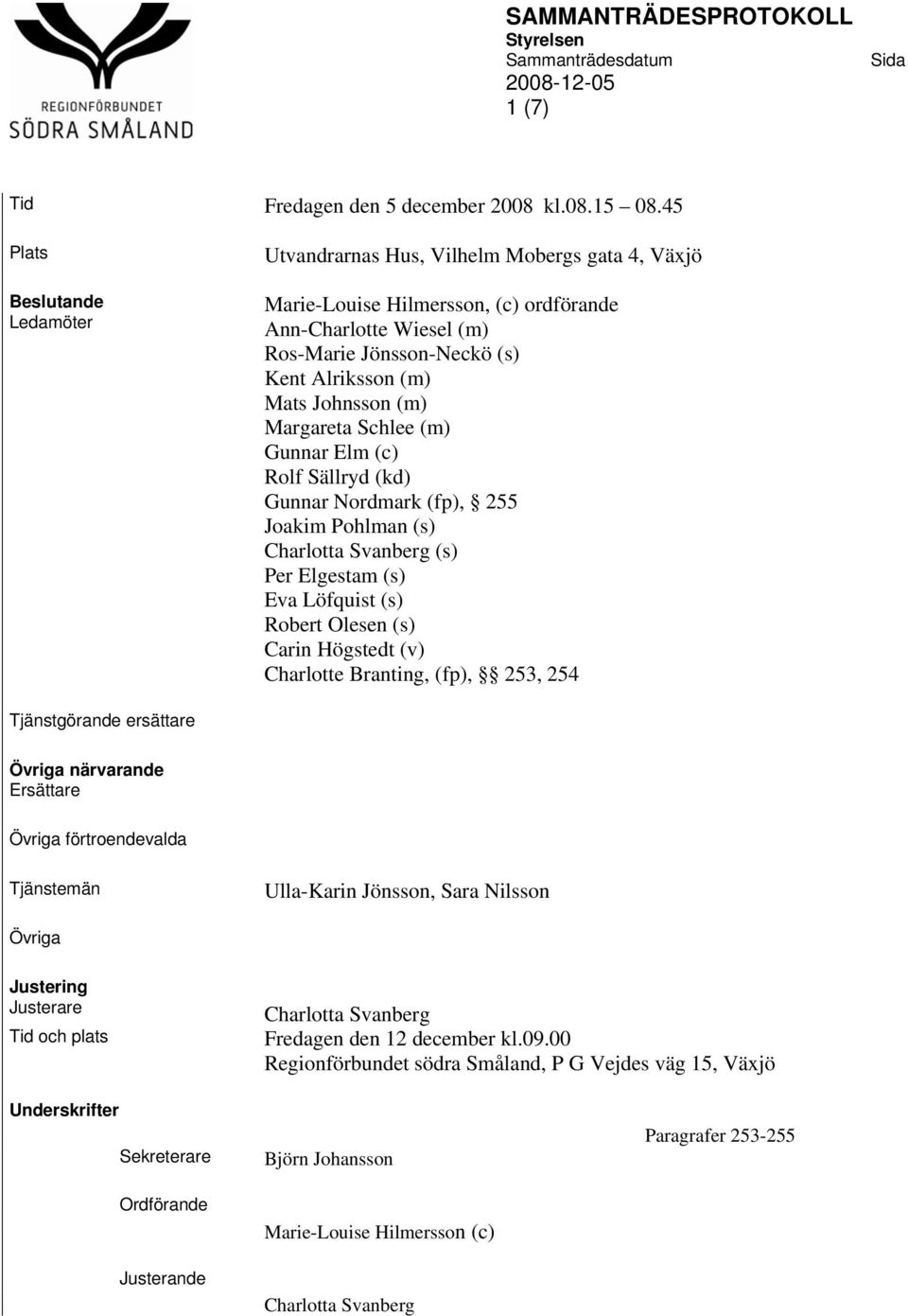 Johnsson (m) Margareta Schlee (m) Gunnar Elm (c) Rolf Sällryd (kd) Gunnar Nordmark (fp), 255 Joakim Pohlman (s) Charlotta Svanberg (s) Per Elgestam (s) Eva Löfquist (s) Robert Olesen (s) Carin