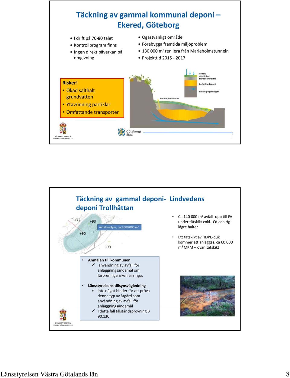 Ökad salthalt grundvatten Ytavrinning partiklar Omfattande transporter Täckning av gammal deponi Lindvedens deponi Trollhättan Ca 140 000 m 3 avfall upp till FA under tätskikt exkl.