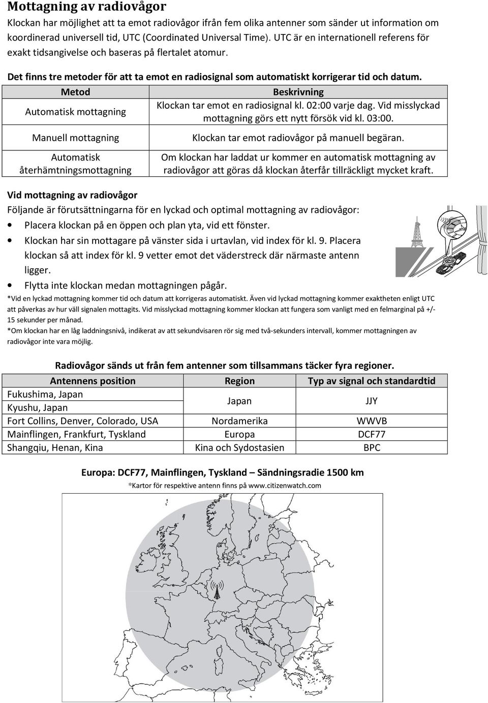 Metod Automatisk mottagning Manuell mottagning Automatisk återhämtningsmottagning Beskrivning Klockan tar emot en radiosignal kl. 02:00 varje dag.