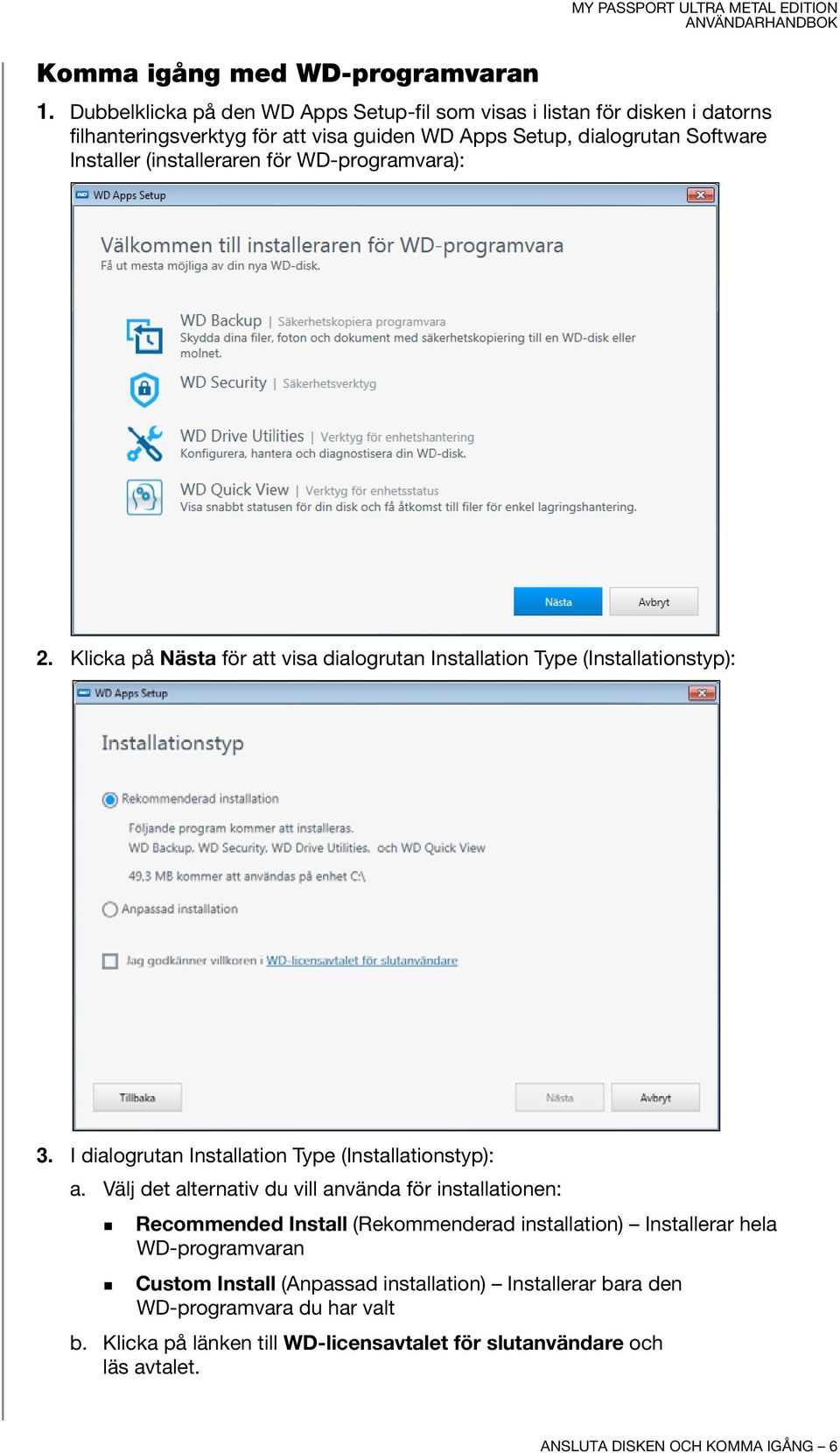 WD-programvara): 2. Klicka på Nästa för att visa dialogrutan Installation Type (Installationstyp): 3. I dialogrutan Installation Type (Installationstyp): a.