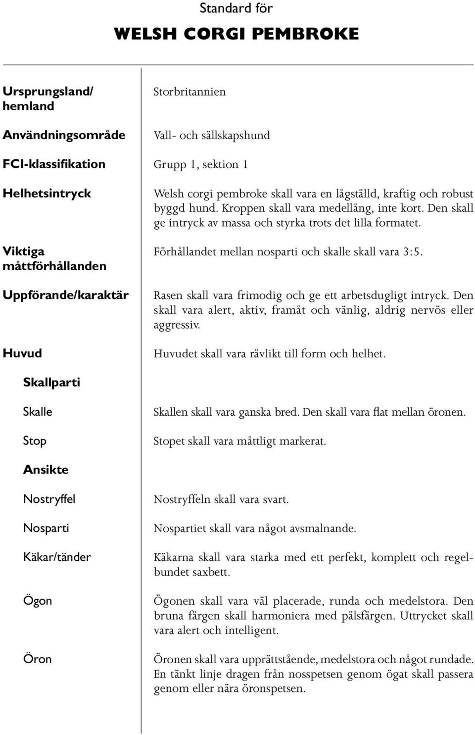 Den skall ge intryck av massa och styrka trots det lilla formatet. Förhållandet mellan nosparti och skalle skall vara 3:5. Rasen skall vara frimodig och ge ett arbetsdugligt intryck.