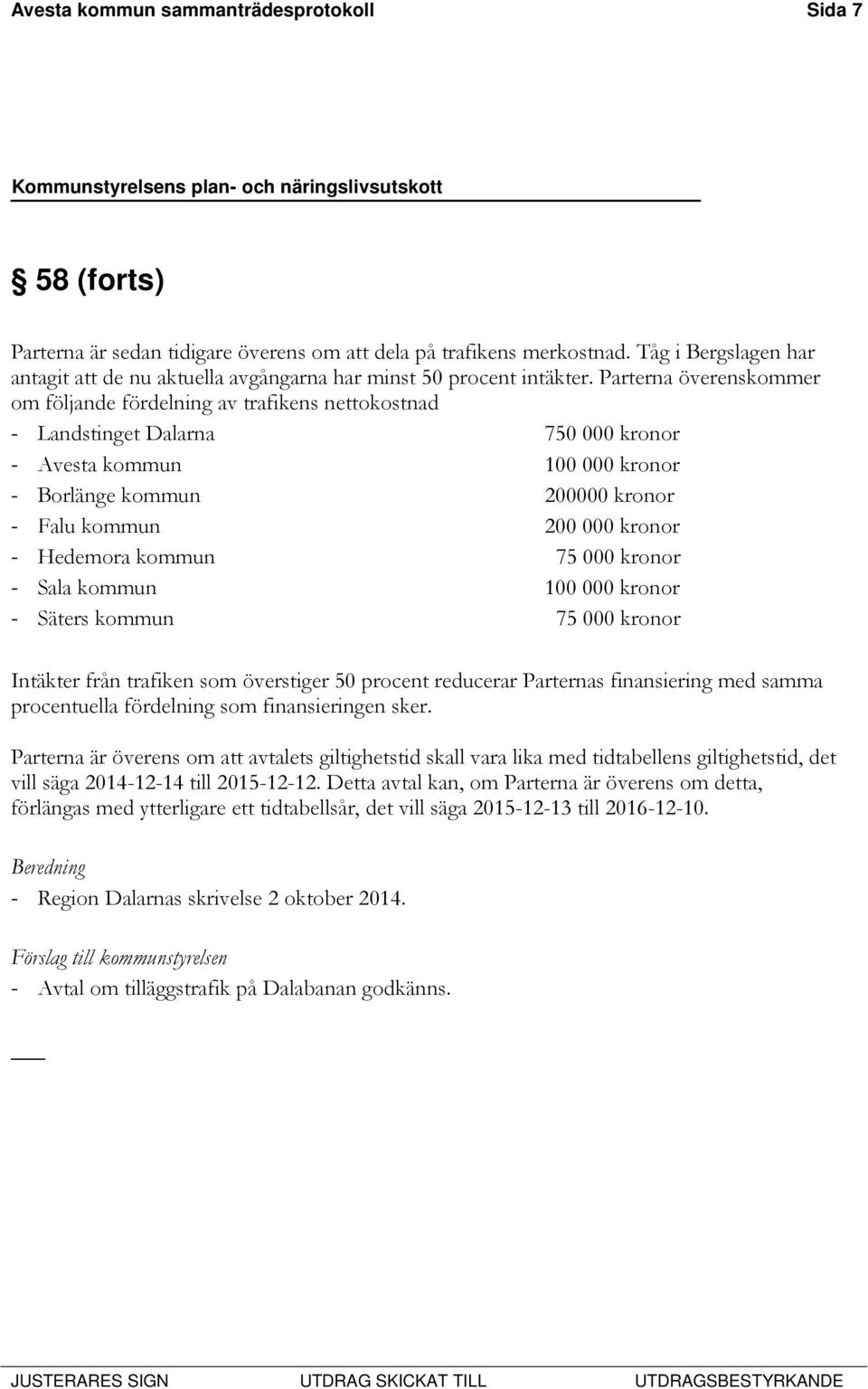 Parterna överenskommer om följande fördelning av trafikens nettokostnad - Landstinget Dalarna 750 000 kronor - Avesta kommun 100 000 kronor - Borlänge kommun 200000 kronor - Falu kommun 200 000