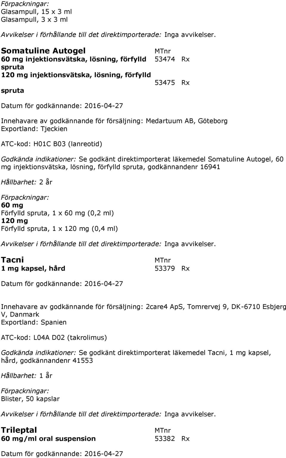 injektionsvätska, lösning, förfylld spruta, godkännandenr 16941 Hållbarhet: 2 år 60 mg Förfylld spruta, 1 x 60 mg (0,2 ml) 120 mg Förfylld spruta, 1 x 120 mg (0,4 ml) Tacni 1 mg kapsel, hård 53379 Rx