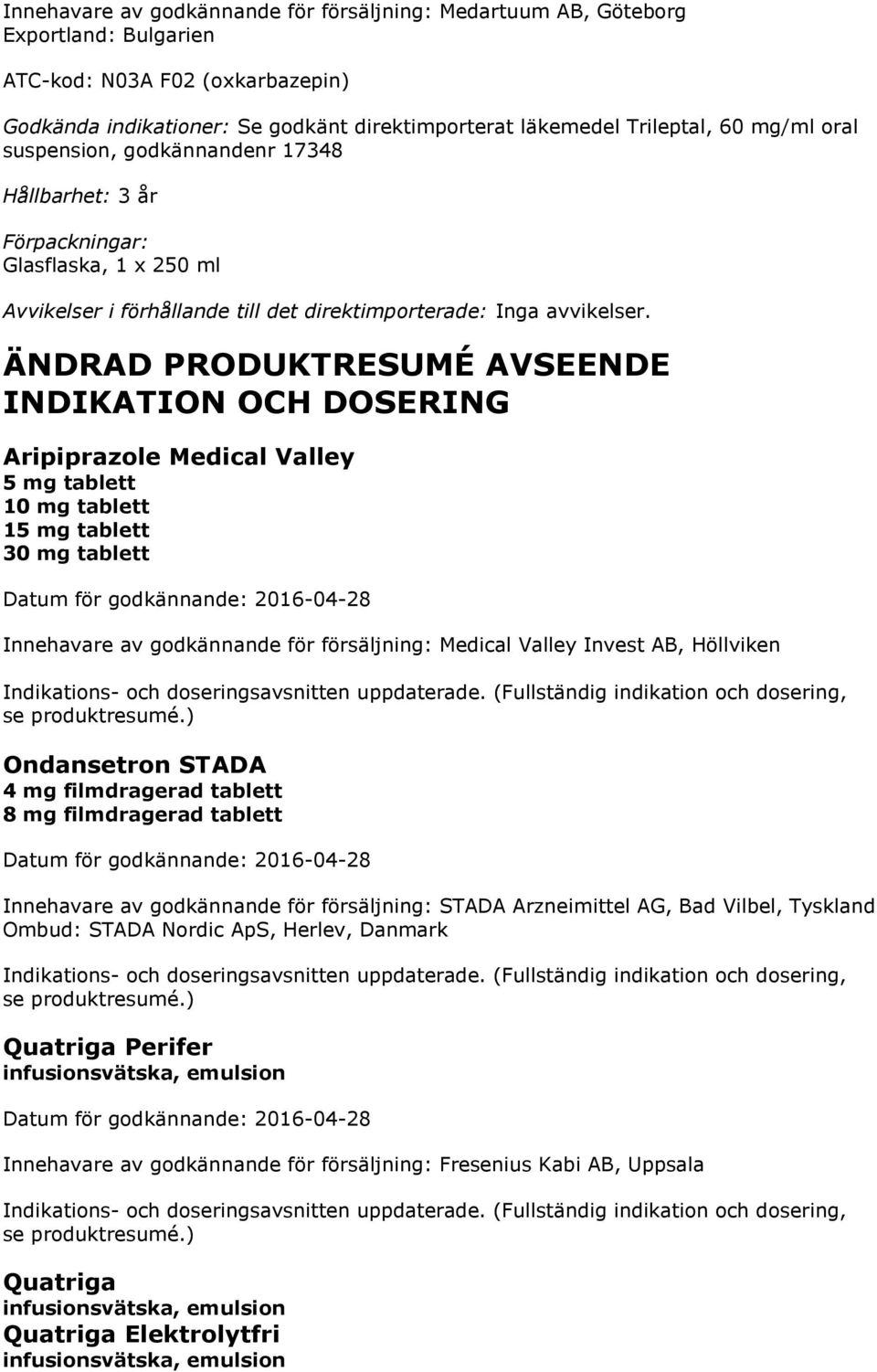 tablett 30 mg tablett Innehavare av godkännande för försäljning: Medical Valley Invest AB, Höllviken Ondansetron STADA 4 mg filmdragerad tablett 8 mg filmdragerad tablett Innehavare av godkännande