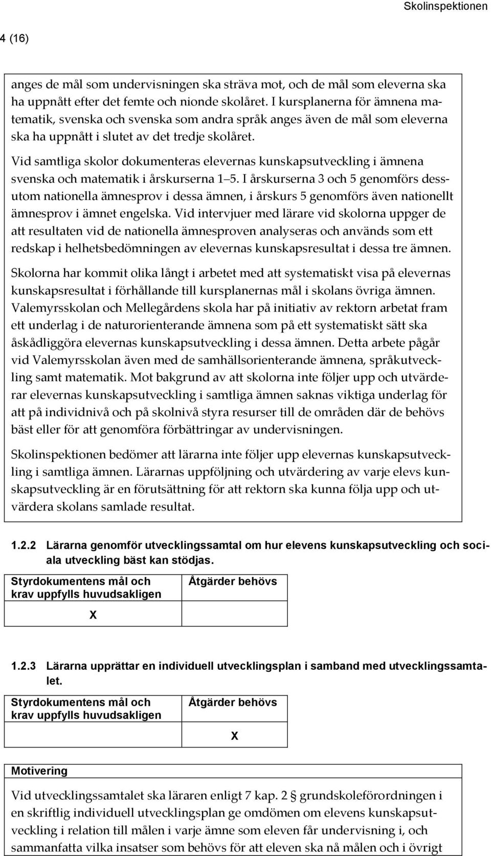 Vid samtliga skolor dokumenteras elevernas kunskapsutveckling i ämnena svenska och matematik i årskurserna 1 5.