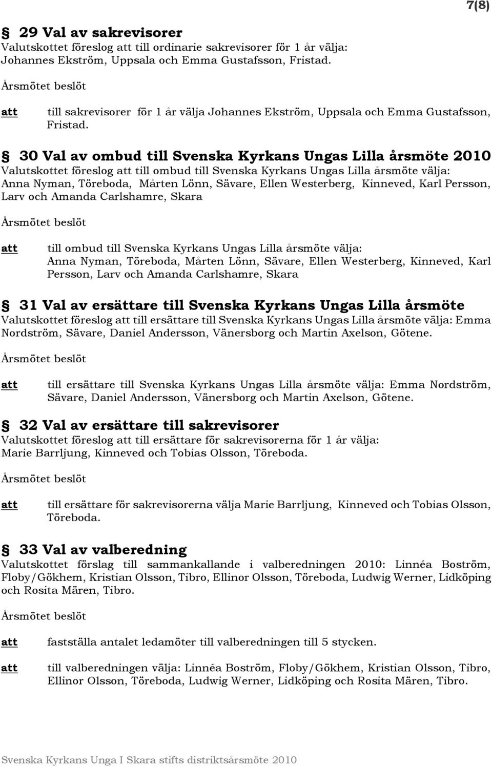 30 Val av ombud till Svenska Kyrkans Ungas Lilla årsmöte 2010 Valutskottet föreslog till ombud till Svenska Kyrkans Ungas Lilla årsmöte välja: Anna Nyman, Töreboda, Mårten Lönn, Sävare, Ellen