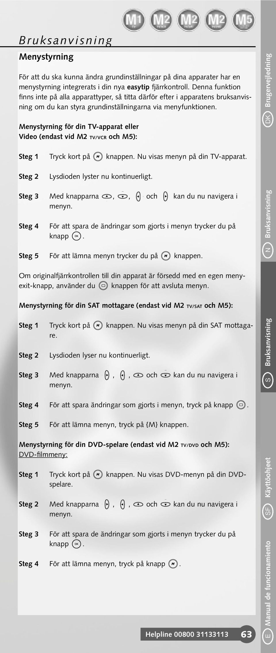 Menystyrning för din TV-apparat eller Video (endast vid M2 TV/VCR och M5): DK Brugervejledning Steg 1 Tryck kort på knappen. Nu visas menyn på din TV-apparat. Steg 2 Lysdioden lyster nu kontinuerligt.