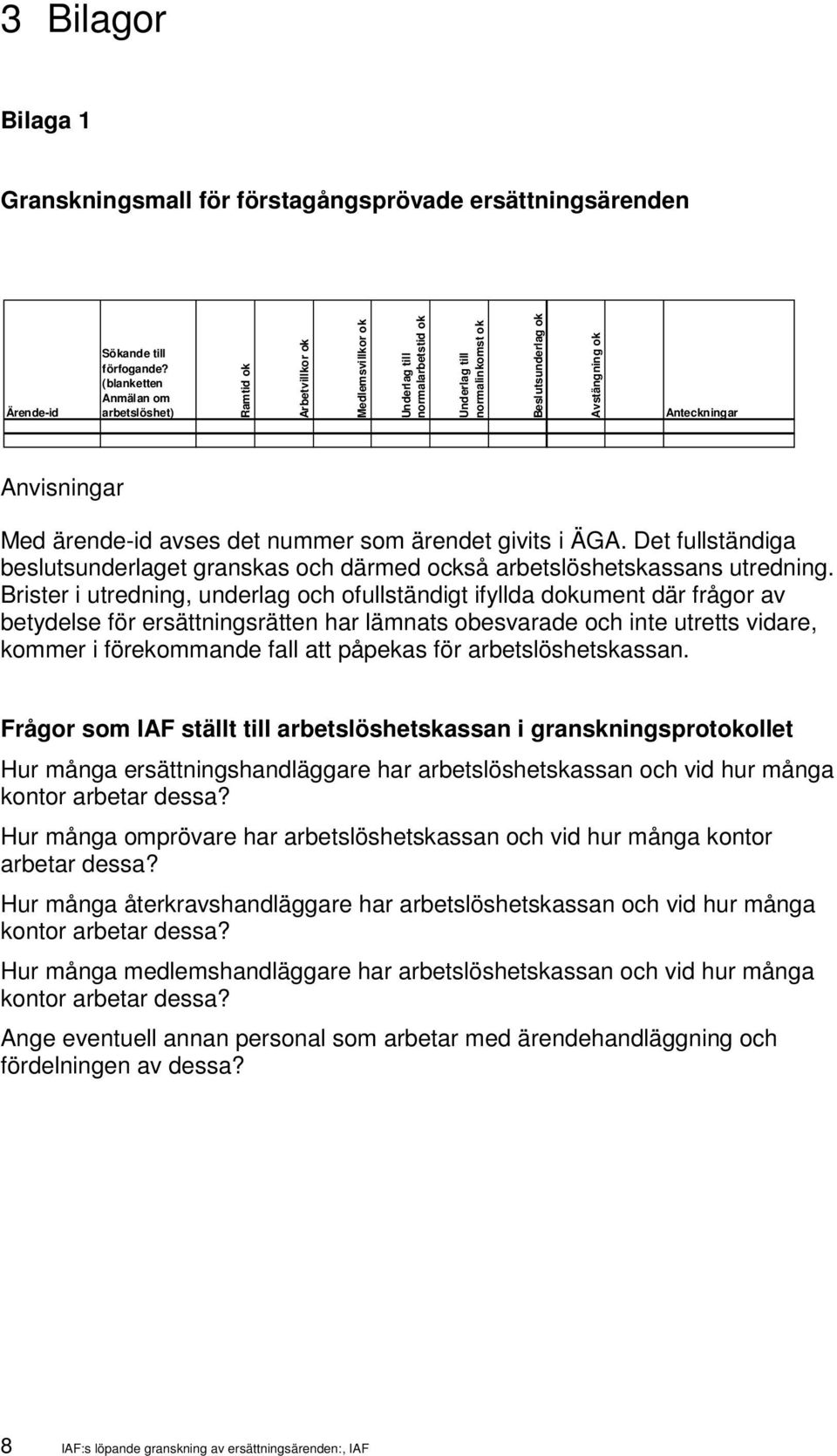 Anvisningar Med ärende-id avses det nummer som ärendet givits i ÄGA. Det fullständiga beslutsunderlaget granskas och därmed också arbetslöshetskassans utredning.