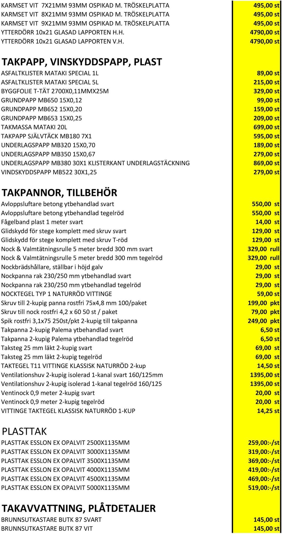 GRUNDPAPP MB652 15X0,20 GRUNDPAPP MB653 15X0,25 TAKMASSA MATAKI 20L TAKPAPP SJÄLVTÄCK MB180 7X1 UNDERLAGSPAPP MB320 15X0,70 UNDERLAGSPAPP MB350 15X0,67 UNDERLAGSPAPP MB380 30X1 KLISTERKANT