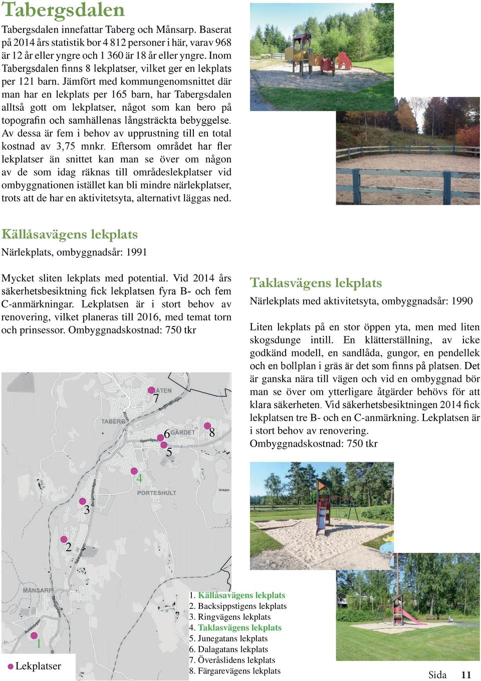 Jämfört med kommungenomsnittet där man har en lekplats per 6 barn, har Tabergsdalen alltså gott om lekplatser, något som kan bero på topografin och samhällenas långsträckta bebyggelse.