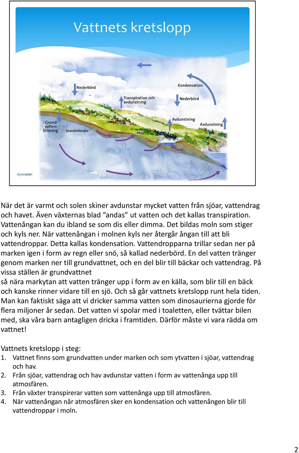 Vattendropparna trillar sedan ner på marken igen i form av regn eller snö, så kallad nederbörd. En del vatten tränger genom marken ner till grundvattnet, och en del blir till bäckar och vattendrag.