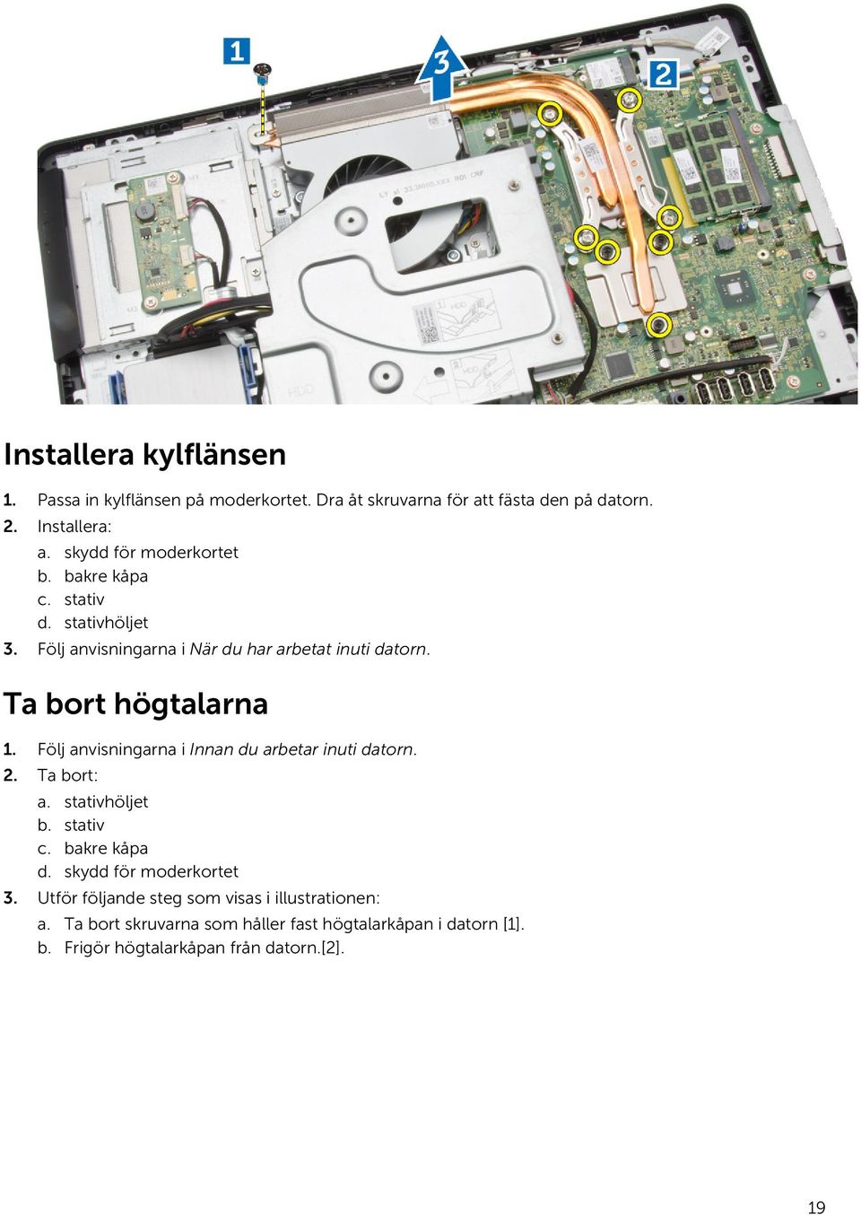 Ta bort högtalarna 1. Följ anvisningarna i Innan du arbetar inuti datorn. 2. Ta bort: a. stativhöljet b. stativ c. bakre kåpa d.