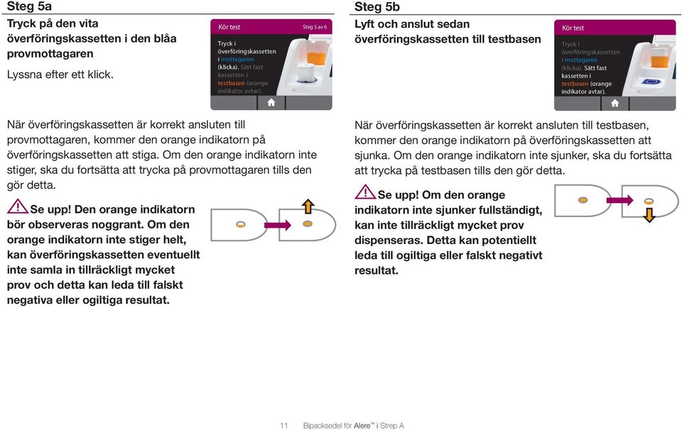 Sätt fast kassetten i testbasen (orange indikator avtar). När överföringskassetten är korrekt ansluten till provmottagaren, kommer den orange indikatorn på överföringskassetten att stiga.