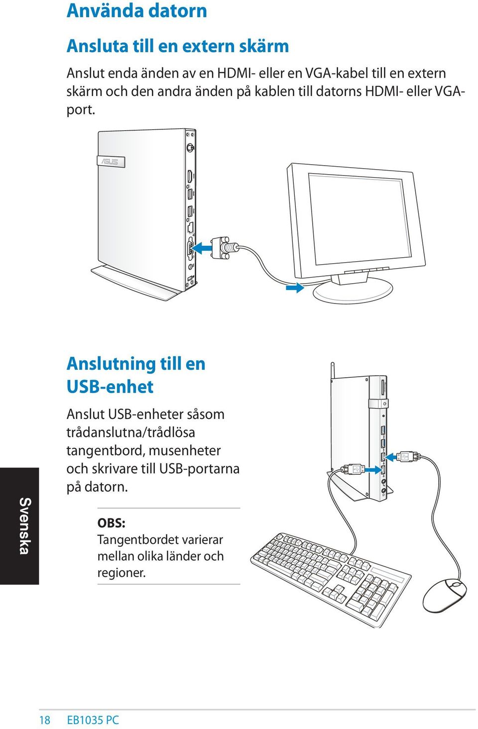 Anslutning till en USB-enhet Anslut USB-enheter såsom trådanslutna/trådlösa tangentbord,