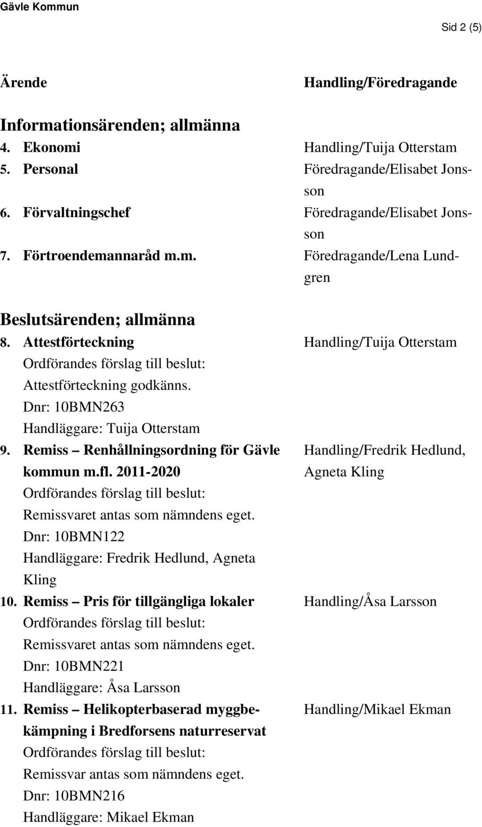 Dnr: 10BMN122 Handläggare: Fredrik Hedlund, Agneta Kling 10. Remiss Pris för tillgängliga lokaler Remissvaret antas som nämndens eget. Dnr: 10BMN221 Handläggare: Åsa Larsson 11.