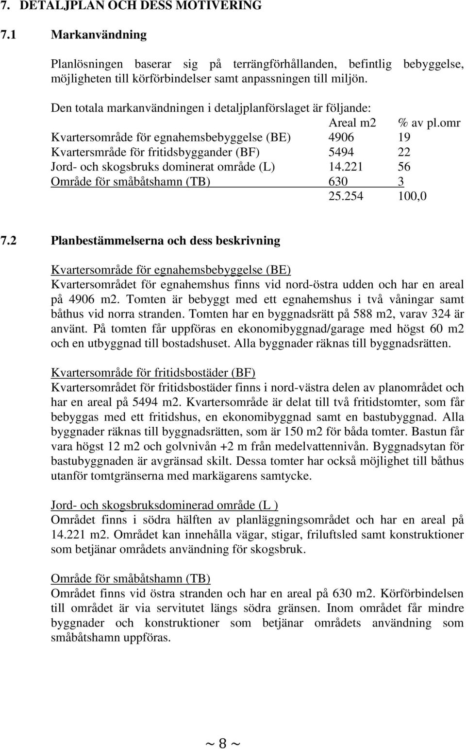 omr Kvartersområde för egnahemsbebyggelse (BE) 4906 19 Kvartersmråde för fritidsbyggander (BF) 5494 22 Jord- och skogsbruks dominerat område (L) 14.221 56 Område för småbåtshamn (TB) 630 3 25.