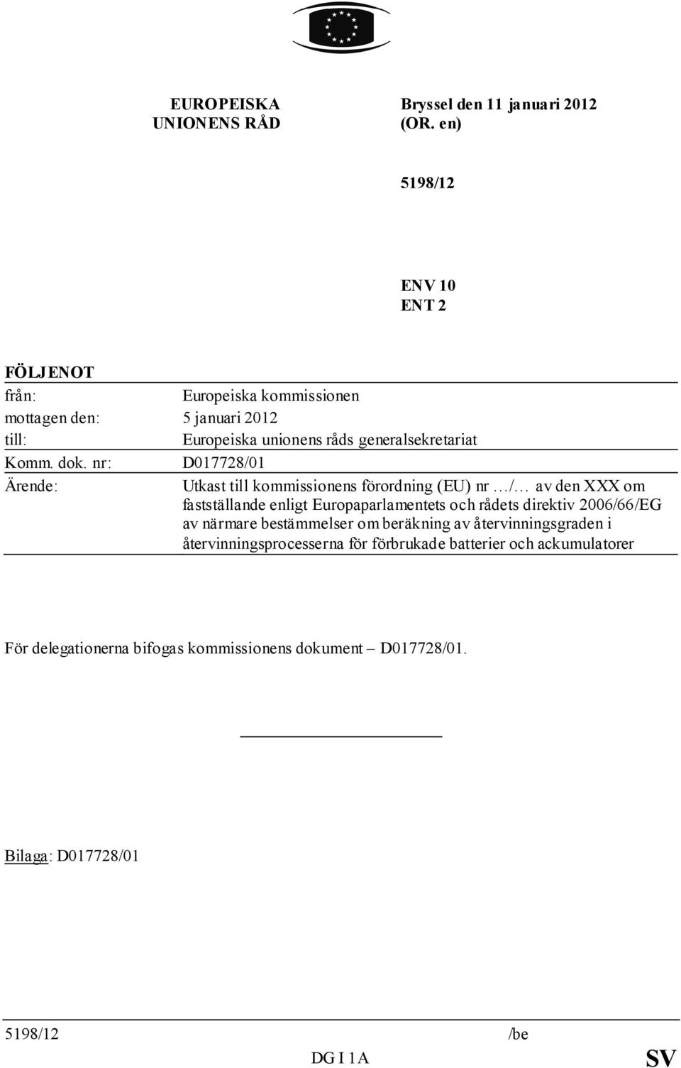 dok. nr: D017728/01 Ärende: Utkast till kommissionens förordning (EU) nr / av den XXX om fastställande enligt Europaparlamentets och rådets direktiv